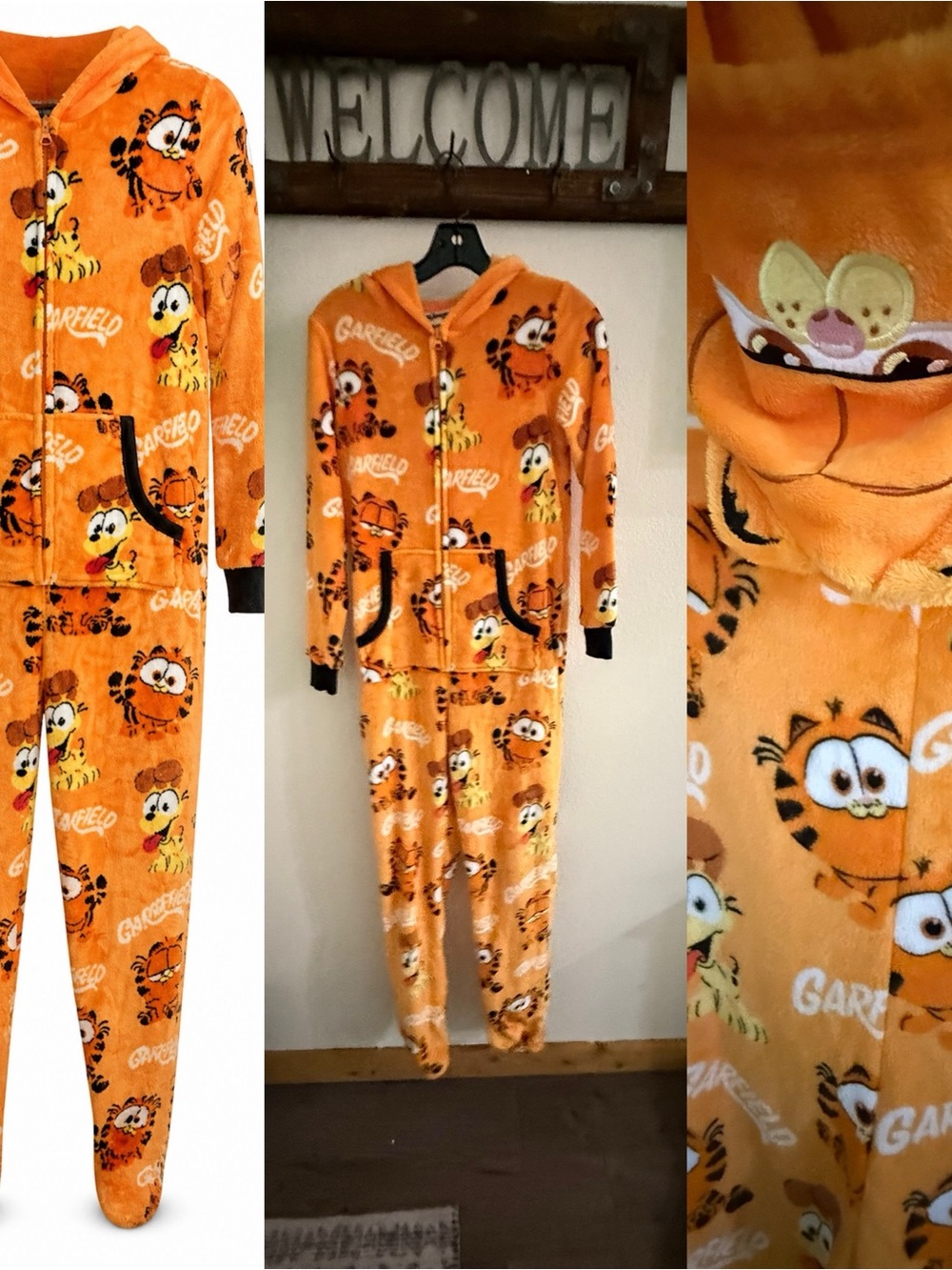 Garfield Movie Plush Fleece Hooded One Piece Pajamas Adult Size Medium Orange
